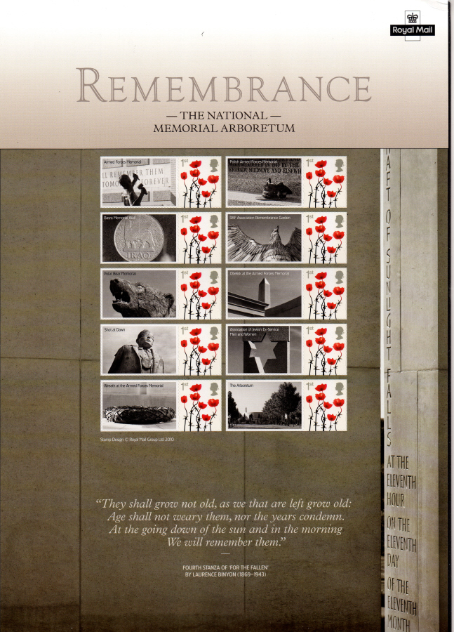 (image for) CS12 2010 Remembrance National Arboretum Royal Mail Commemorative Smilers Sheet - Click Image to Close